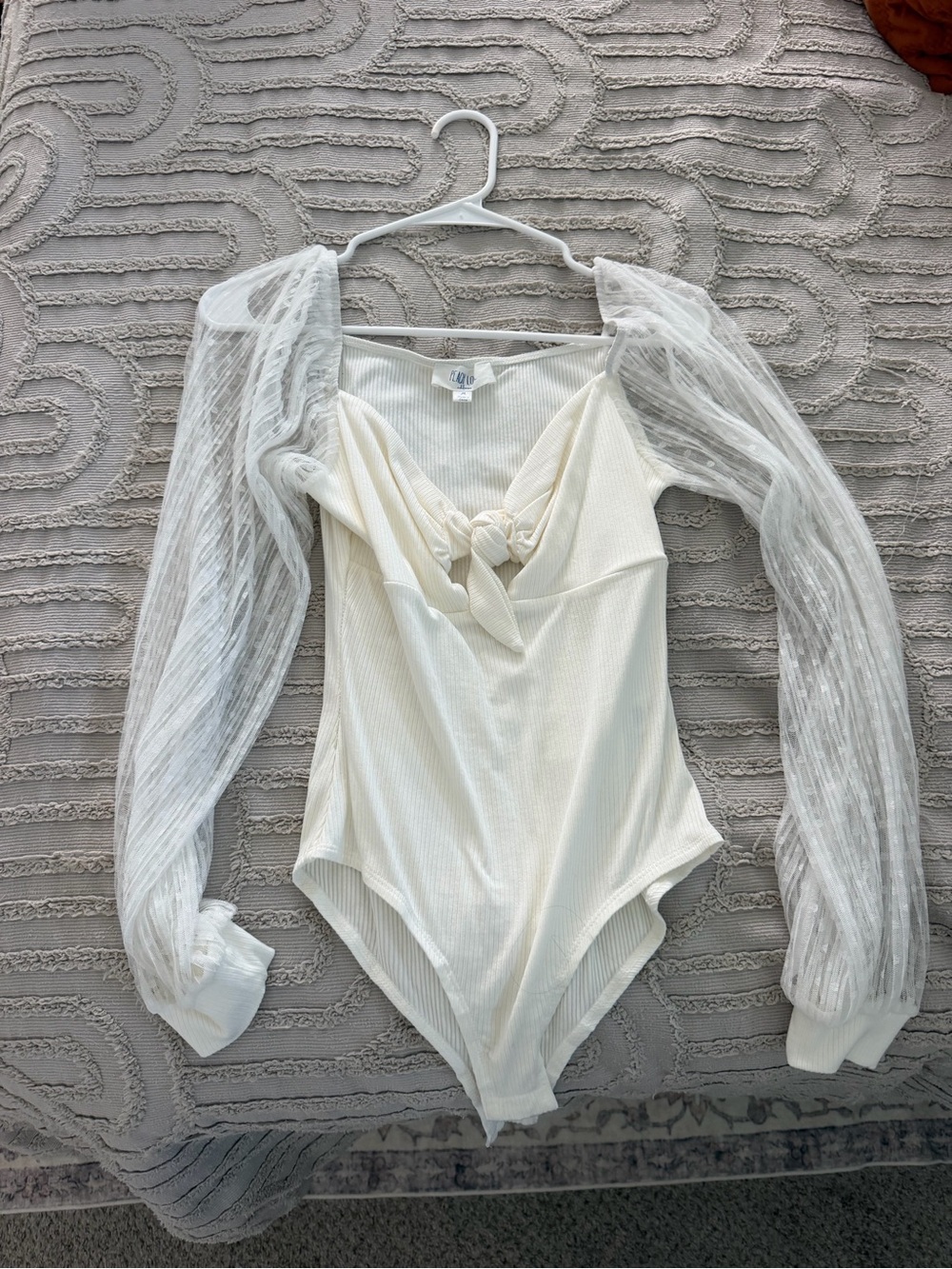 Peach Love California Ivory Knot-Front Bodysuit with Sheer Puff Sleeves